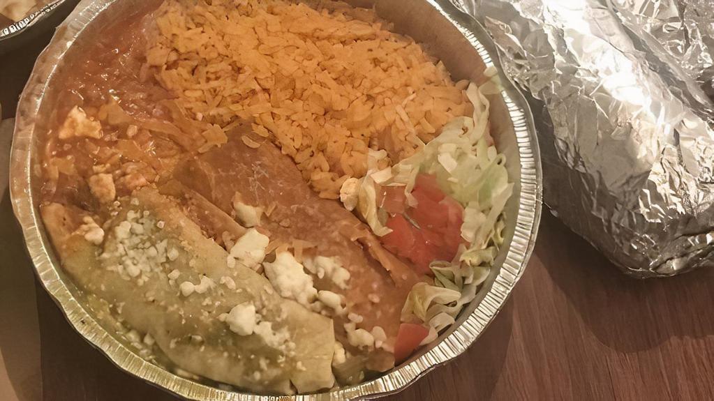 Enchiladas · Choice of meat, sauce, cheese, served with rice and beans (comes with two).