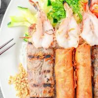 House Special Vermicelli Noodles · Combination of prawns, grilled pork, and eggrolls. Bun tom, thit nuong, and cha gio.