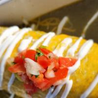 Burritos Locos · rice,beans, cilantro, onions.Topped with more chile sauce and choice of meat, pico, sour cre...