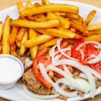 Gyros Plate* · Sliced gyros served with tomatoes and onions. Served with tzatziki, pita and french fries.