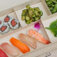 The Sushi Fix · 5 pc nigiri (tuna, yellowtail, salmon, albacore, shrimp), choice of spicy tuna cut roll or b...
