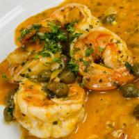 Gamberi Al Caperi · Large prawns, white wine garlic, capers.