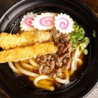 Beef And Shrimp · Dashi-shoyu broth, narutomaki, sukiyaki braised thin sliced beef rib eye, tempura shrimp, an...
