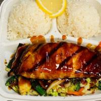 T-15. Salmon Teriyaki · Comes with steamed rice, salad, and stir-fry vegetables.