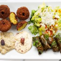 Vegetarian  · Falafel, hummus, baba ghannouj, dolmah fresh greens, tomato, cucumber, and pita bread.