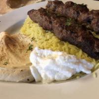 Beef Kafta Kabob · Two skewers of ground beef sirloin combined with onions, and Eastern spices, then grilled to...