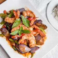 Spicy Eggplant With Shrimp · Eggplant sautéed with shrimp, basils, peppers in a spicy black bean sauce.