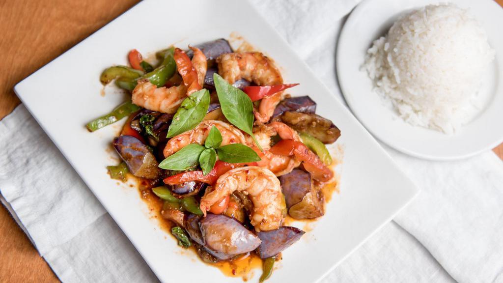Spicy Eggplant With Shrimp · Eggplant sautéed with shrimp, basils, peppers in a spicy black bean sauce.