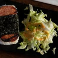 Spam Musubi · Grilled spam on top of rice with teriyaki sauce, and seaweed