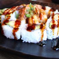 Sriracha Shrimp Roll* · Tuna, spicy crab mix, and avocado, topped with pan fried sriracha mayo shrimp, scallion, and...