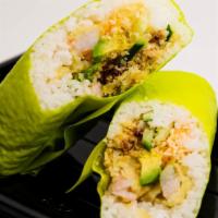 Crunch Sushi Burrito · Shrimp tempura, spicy crab mix, cucumber, avocado, daikon, crunch wrapped in soy paper with ...