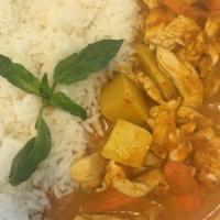 Panang Curry Chicken · Foodie favorite, gluten-free. Medium spiced red curry, sweet potatoes, carrots, Thai basil, ...