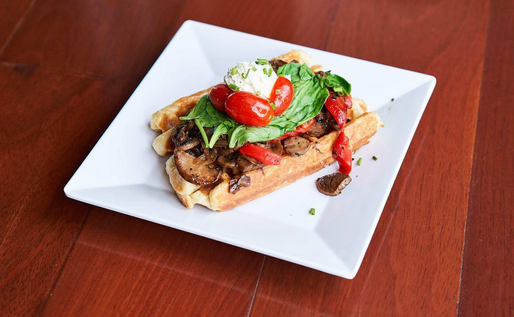 Farm Fusion · Vegetarian. Balsamic-red wine braised mushrooms and onions, roasted red peppers, spinach, fresh tomato, topped with lemon and thyme infused chevre.
