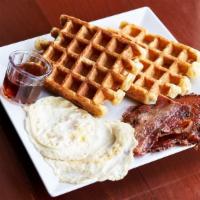 Wafflebot 2000 Fuel Source · Two waffles, maple syrup, two fried eggs and choice of bacon, chicken sausage, ham or fresh ...