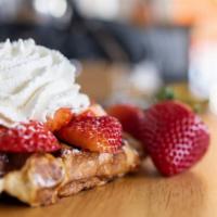 Strawberry Waffle With Whipped Cream · Fresh Strawberries and Whipped Cream on a Liege Waffle