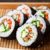 Vegetable Sushi Roll · Delicious sushi made from cucumber, avocado, red bell pepper, drizzled with eel sauce.