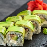 Dragon Sushi Roll · Delicious roll made from lightly fried tempura shrimp, imitation crab, and unagi, cucumber a...