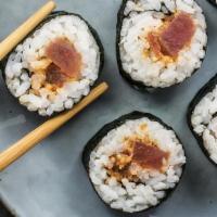 Spicy Tuna Cut Roll · Spicy tuna, sushi rice, avocado, chili garlic aioli, and furikake wrapped in seaweed paper. ...