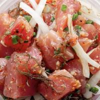 Shoyu Ahi Tuna 1 Pound · Ahi tuna, shoyu sauce, sesame oil, green onions, sweet onions, and furikake.