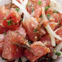 Shoyu Ahi Tuna 1/2 Pound · Ahi tuna, shoyu sauce, sesame oil, green onions, sweet onions, and furikake.