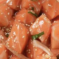 Shoyu Salmon Poke 1/2 Pound · Salmon, shoyu sauce, sesame oil, green onions, sweet onions, and furikake.