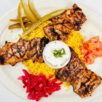  Chicken Mosahab Plate · Boneless chicken thighs marinated in our special blend of spices and grilled to perfection. ...