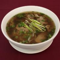 Beef Pho (Rare Beef) · Beef broth. Served with bean sprouts, cilantro, onion, lime, habanero, basil, and fried onio...