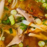 Chicken Pho · Chicken broth. Served with bean sprouts, cilantro, lime, green onion, fried onion and jalape...