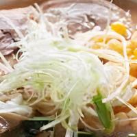 Miso Ramen · Chintan broth season with Miso Tare top with blanch bean sprout, green onion, sweet corn, bu...