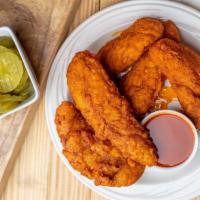 5 Chicken Tenders · Hand breaded chicken served original or Nashville hot style. Served with pickles and a dippi...