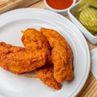 3 Chicken Tenders · Hand breaded chicken served original or Nashville hot style. Served with pickles and a dippi...
