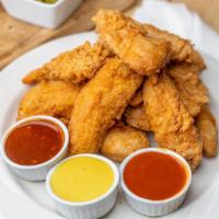 20 Chicken Tenders · Hand breaded chicken served original or Nashville hot style. Served with pickles and three d...