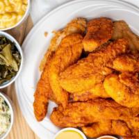 50 Chicken Tenders Combo · 50 hand breaded chicken tenders served original or Nashville hot with your choice of five si...
