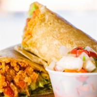 Veggie Burrito · Rice, beans, guacamole, lettuce, pico de gallo. Any add ons will be charged extra.