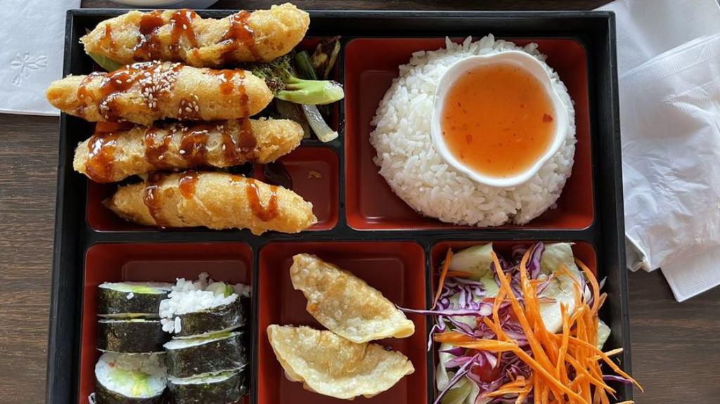 Shrimp Bento Box · Tempura shrimp (4), served w/rice, miso soup, house salad, gyoza (2), & California roll (4) (No Substitutions). Fried rice for an additional charge.