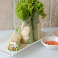 Goi Cuon Chay · Tofu rolls (two). Vegetarian. Salad roll with fresh noodles, herbs, and fried tofu. Served w...