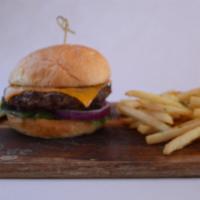 Classic Beef Cheeseburger · All natural, grass fed aspen ridge 1/2 lb. Angus beef burger (fresh, not frozen) on a brioch...