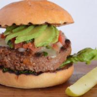 Vegetarian Southwest Burger · Beyond burger patty on a brioche bun. Avocado, pico de gallo, pepper Jack, and chopped romai...