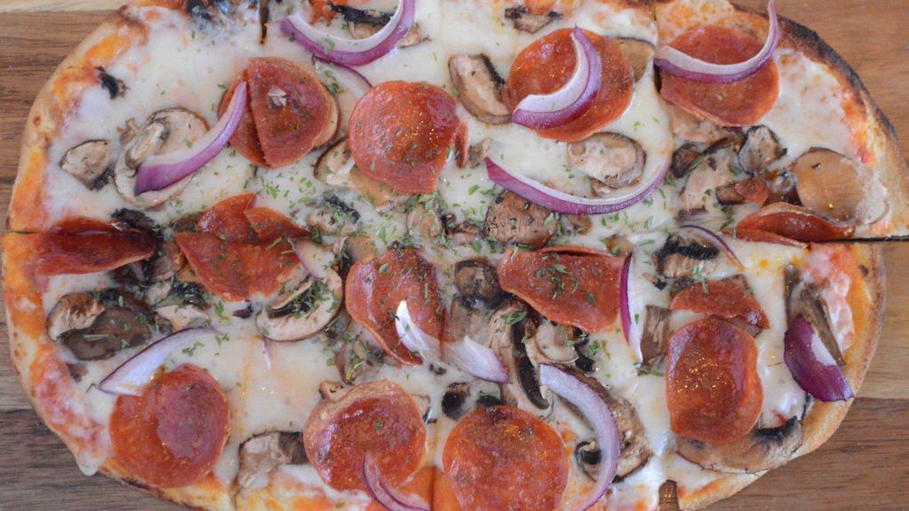 Trifecta Flatbread  · Pepperoni, mushrooms and red onions with mozzarella on red sauce.