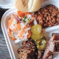 Pecos Platter With 2 Meat · choose two sides, cornbread & pickled goodness
