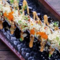 Lehi Roll · Shrimp tempura, yellowtail inside, topped with crab meat, avocado, crunchy, spicy mayo, eel ...
