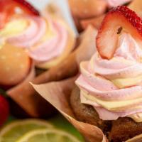 Strawberry Lemonade Cupcake · Dairy free, vegan. Contains almond milk and soy. Egg free. A airy, soft yellow & strawberry ...