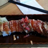 Seahawk · tempura shrimp, crab meat topped w/salmon, albacore, eel, avocado.