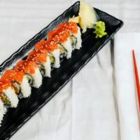 Kamikaze · Tempura shrimp, crab meat topped with spicy tuna, sweet eel sauce