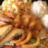 Seafood Combo · Fried shrimp, fish, oyster and squid. Served with two scoops of rice, one macaroni and one s...