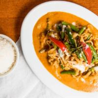 Panang · Panang curry paste in coconut milk, reduced to a thick curry gravy sauce, green beans, bell ...