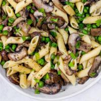 Mushroom Lovers Pasta  · Penne pasta tossed with mushroom, peas, garlic vegan butter sauce, and Italian seasoning. Ta...