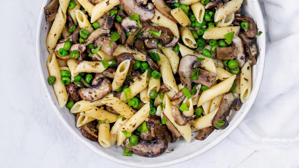 Mushroom Lovers Pasta  · Penne pasta tossed with mushroom, peas, garlic vegan butter sauce, and Italian seasoning. Tax included.