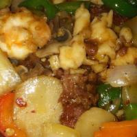 Three Kings Delight (Recommended) · Spicy. Shrimp, beef, and chicken sautéed with vegetables in spicy brown sauce.