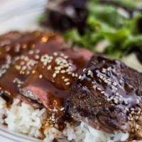 Steak Teriyaki · Cooked to order sirloin steak, served with teriyaki sauce and choice of your side.